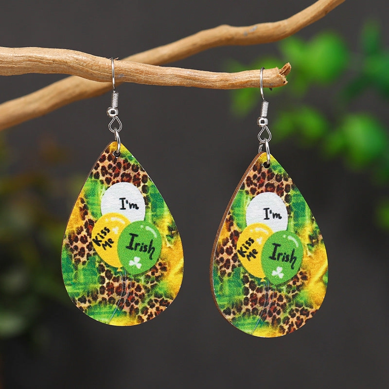 Wholesale Patrick's Day Four Leaf Clover Water Drop Wooden Earrings