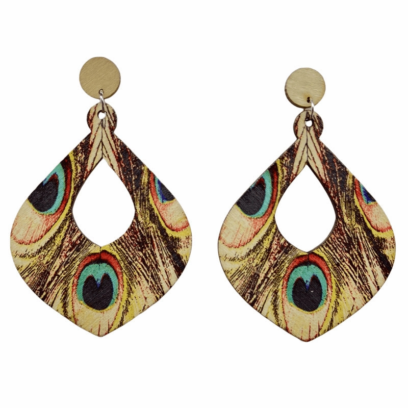 Wholesale Peacock Feather Wood Earrings