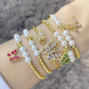 Wholesale Pearl Beaded Butterfly Copper Bracelet