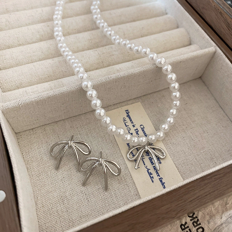 Wholesale Pearl Bow Beaded Necklace Versatile Earrings