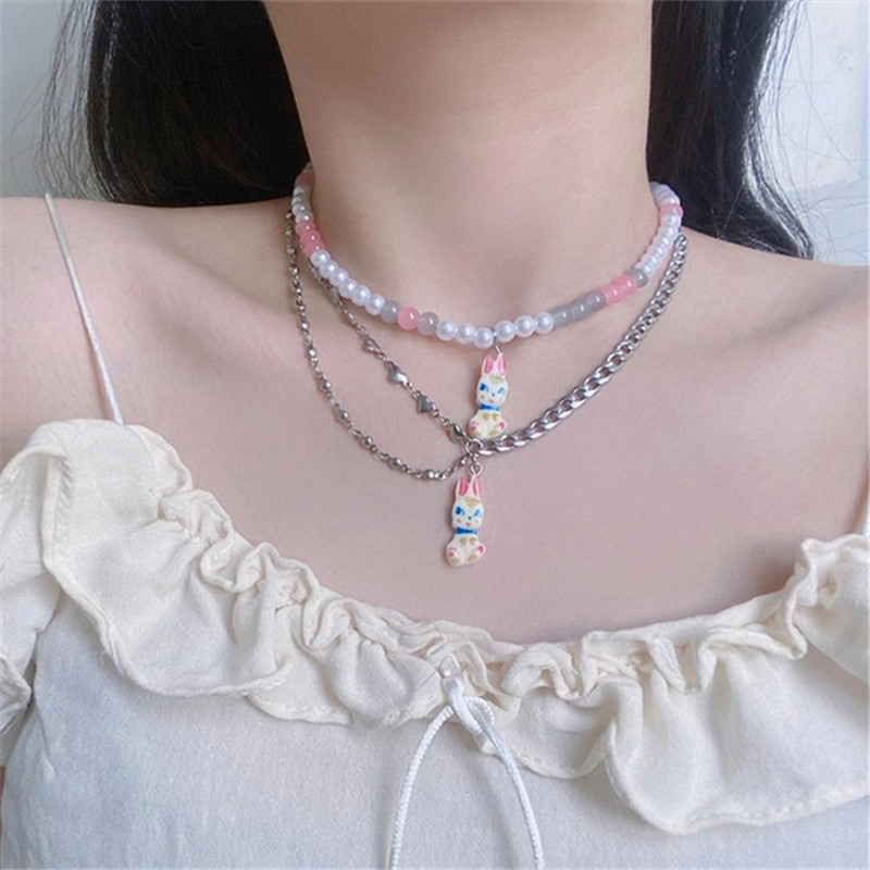 Wholesale Pearl Bunny Titanium Steel Necklaces