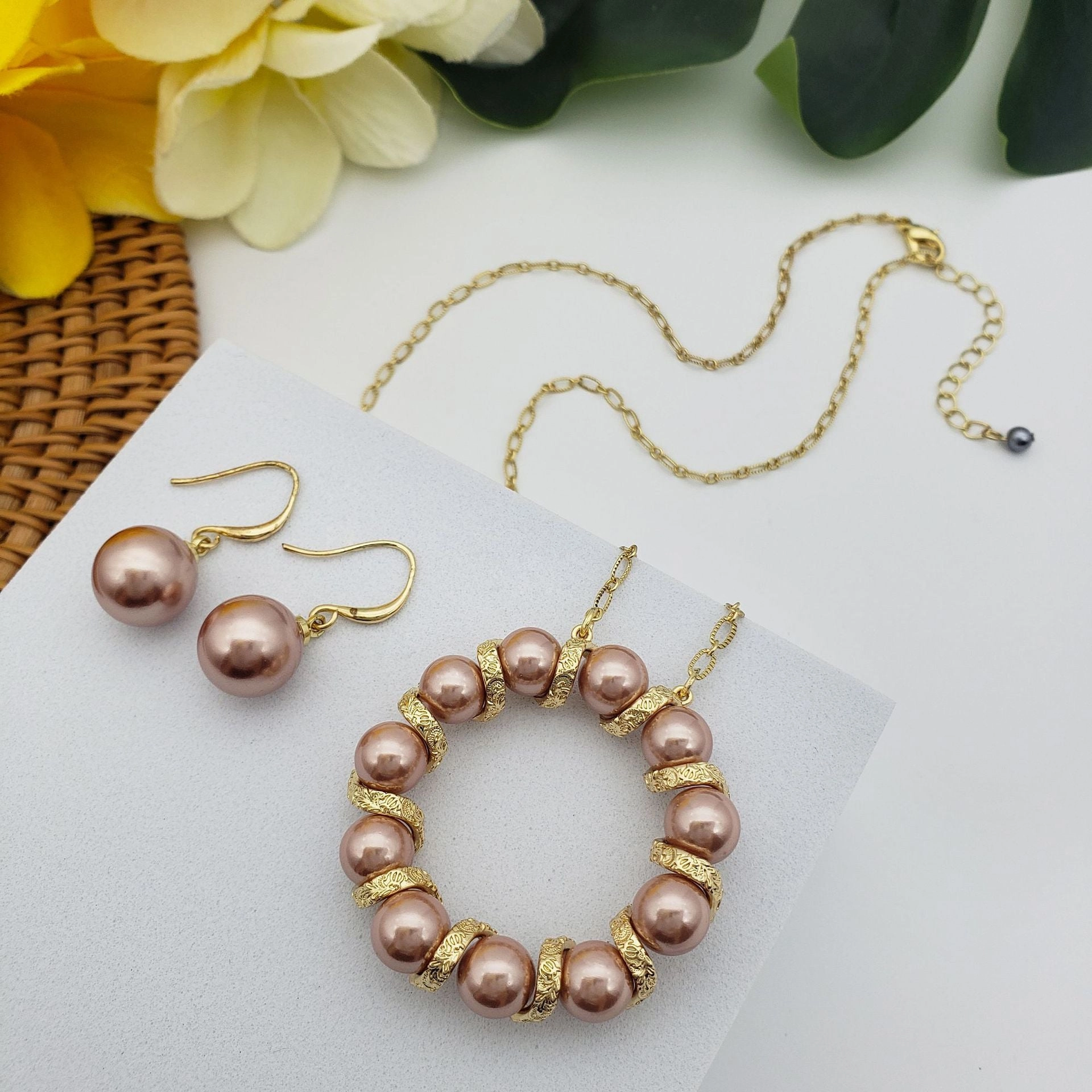 Wholesale Pearl Circle Wreath Copper Earrings Jewelry Set