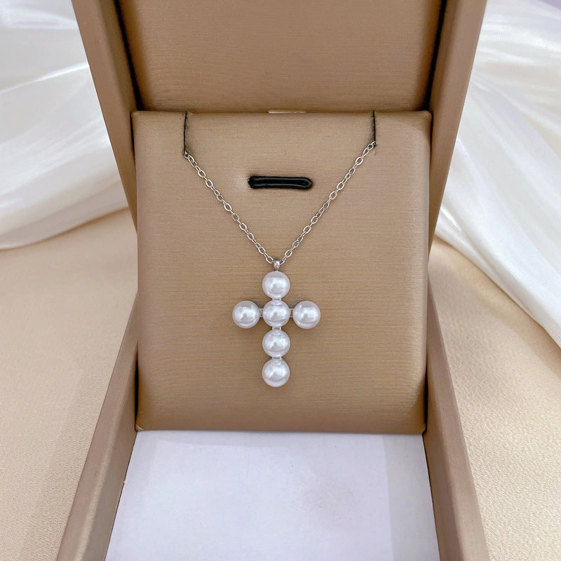 Wholesale Pearl Cross Collarbone Titanium Steel Necklace