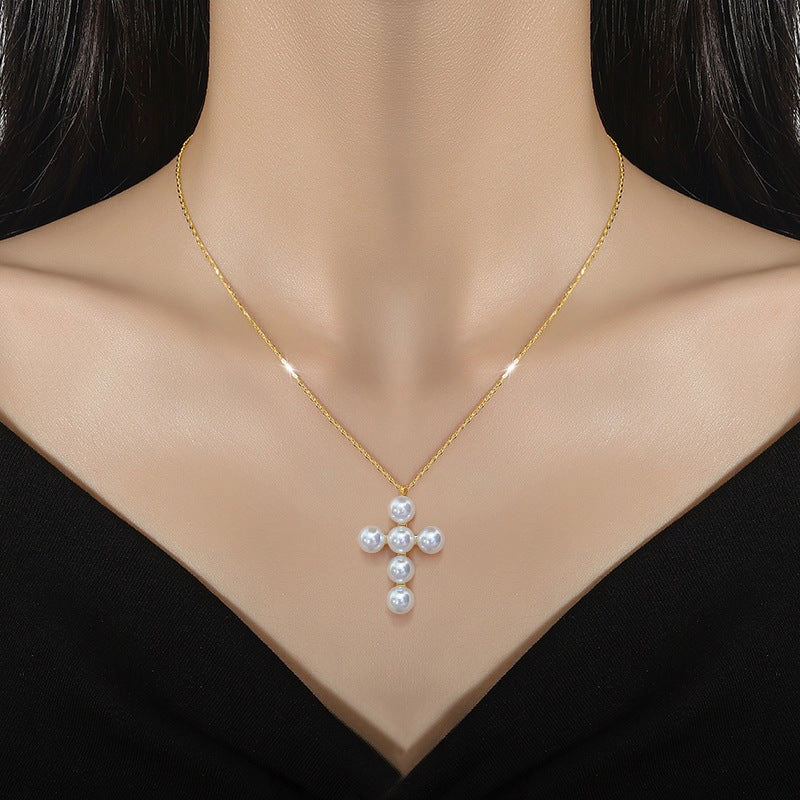 Wholesale Pearl Cross Collarbone Titanium Steel Necklace