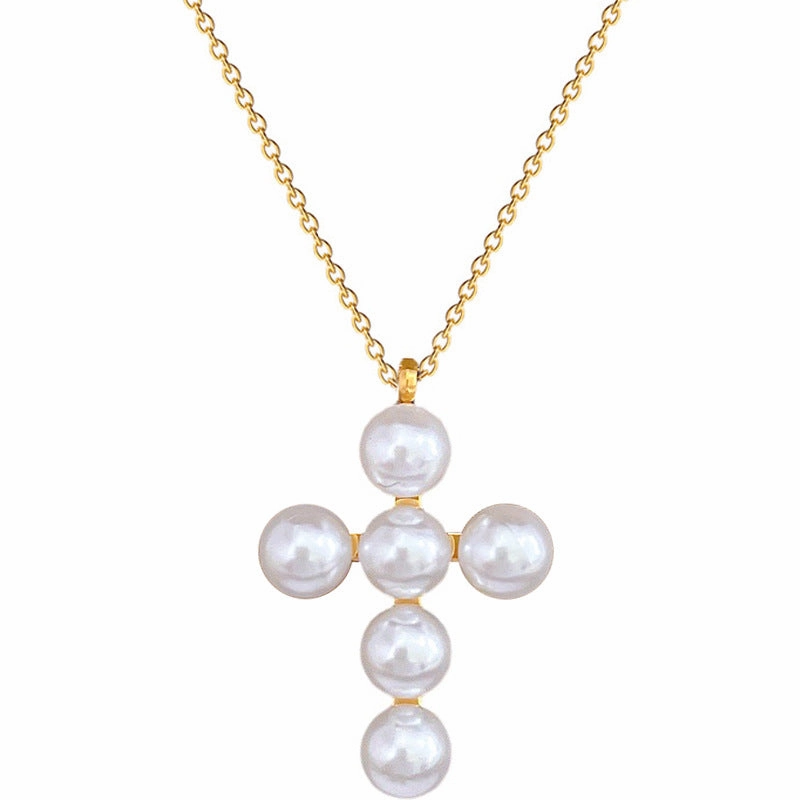 Wholesale Pearl Cross Collarbone Titanium Steel Necklace