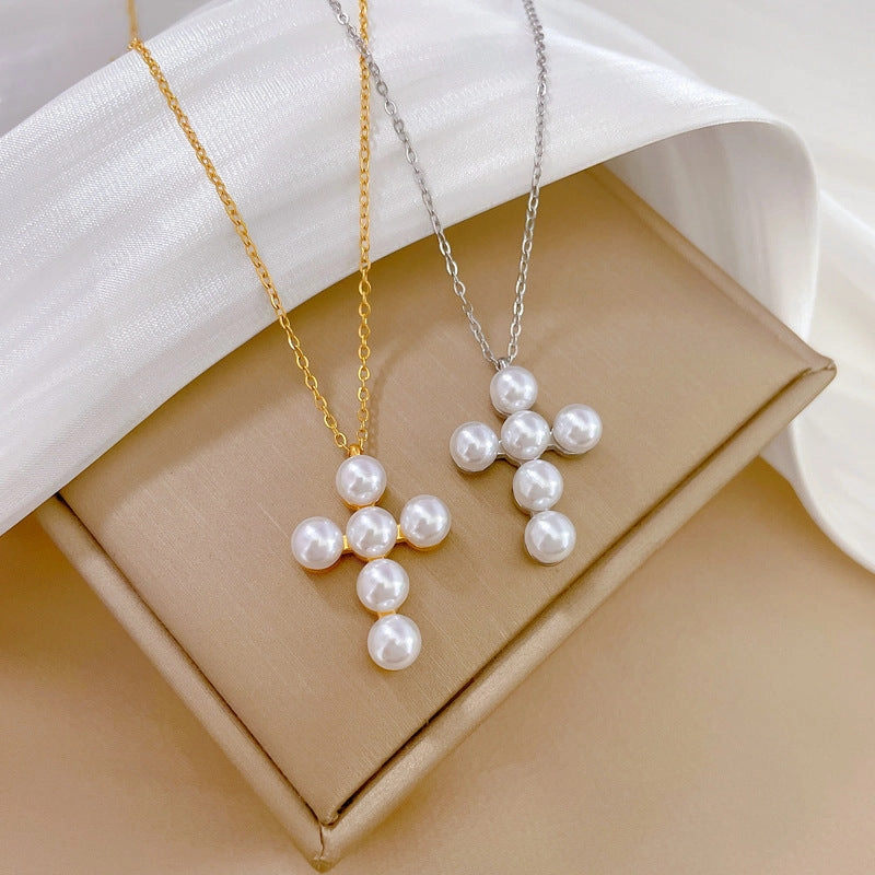 Wholesale Pearl Cross Collarbone Titanium Steel Necklace