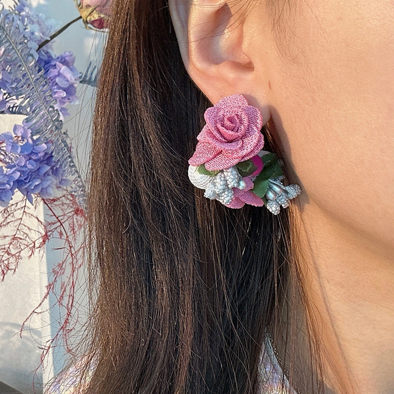 Wholesale Pearl Flowers Cloth Art Earrings