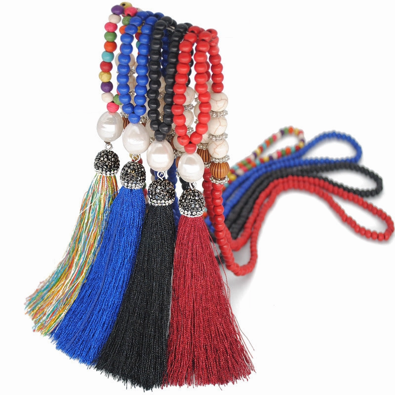 Wholesale Pearl Full Diamond Silk Thread Tassel Necklace Sweater Chain