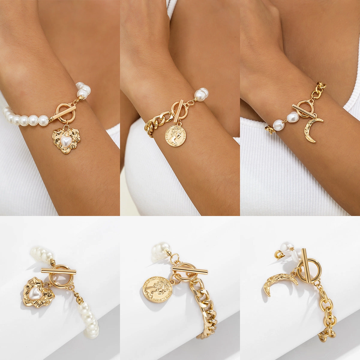 Wholesale Pearl Heart Moon Hand Alloy Bracelet