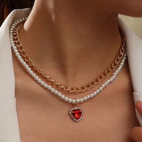 Wholesale Pearl Heart Stacking Necklace Alloy Imitation Pearl