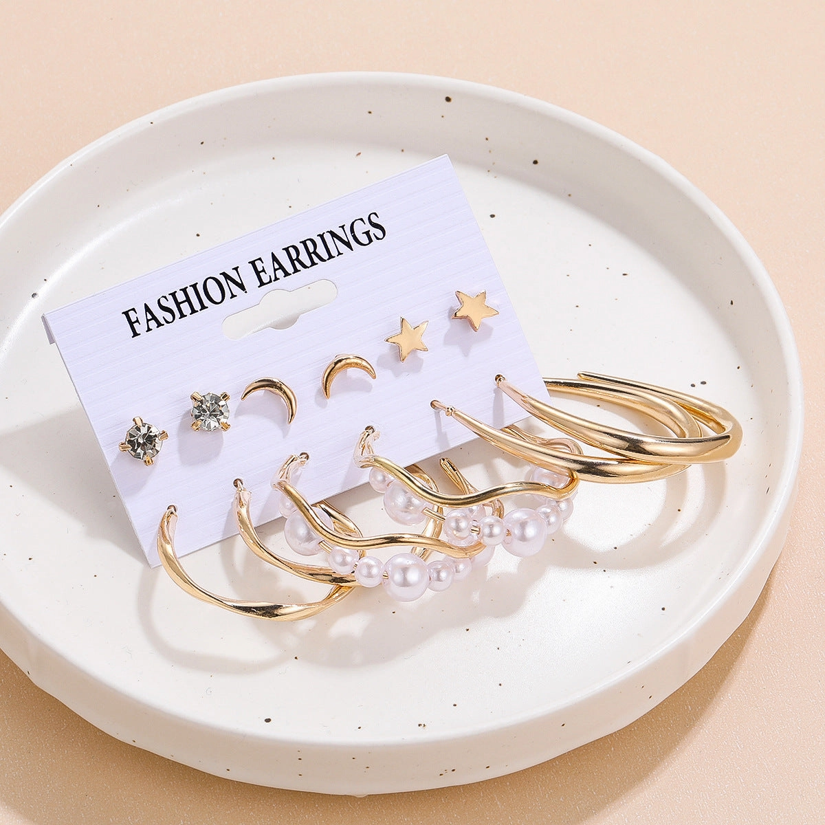 Wholesale Pearl Moon Star Alloy Earrings Set of 6