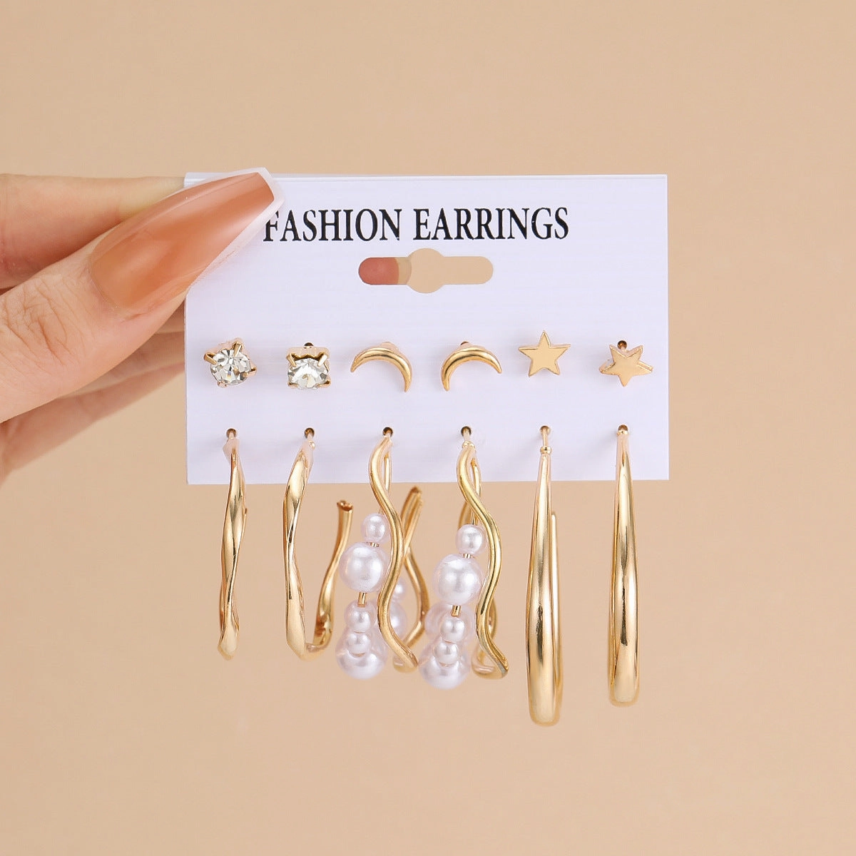 Wholesale Pearl Moon Star Alloy Earrings Set of 6