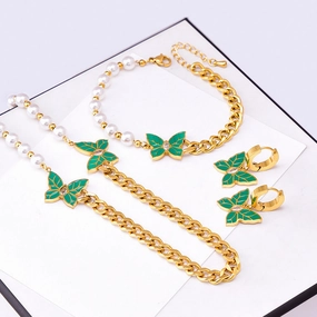 Wholesale Pearl Patterned Titanium Steel Diamond Inlaid Butterfly Necklace Set