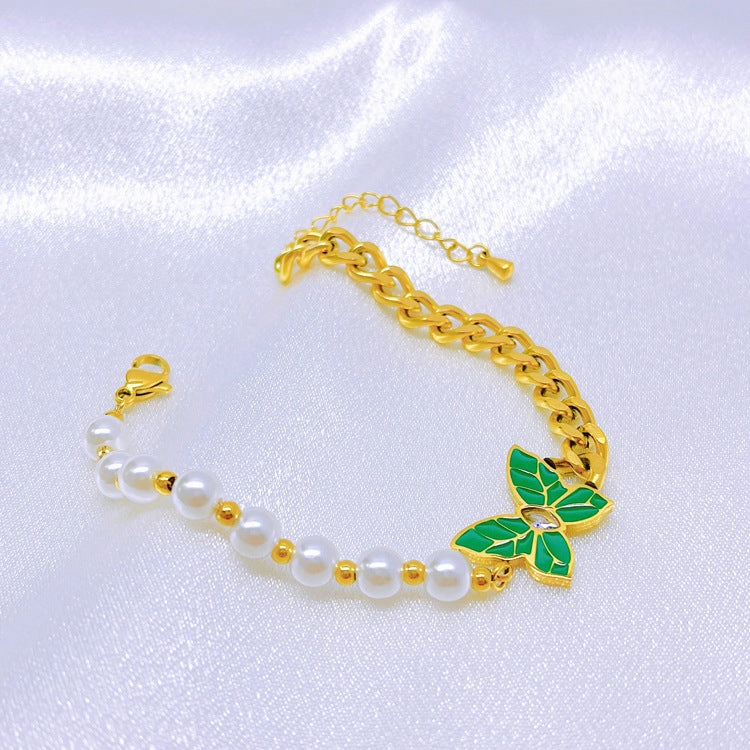 Wholesale Pearl Patterned Titanium Steel Diamond Inlaid Butterfly Necklace Set