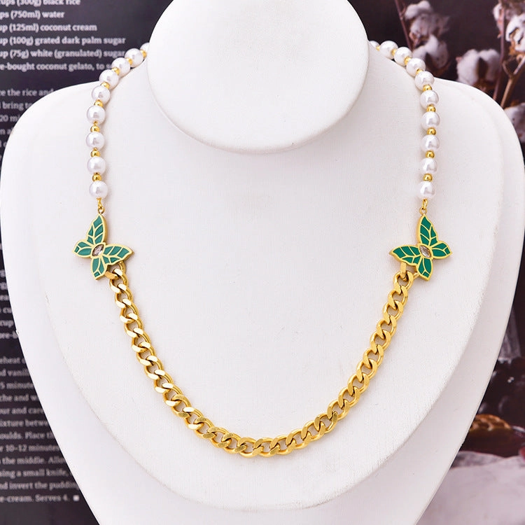 Wholesale Pearl Patterned Titanium Steel Diamond Inlaid Butterfly Necklace Set