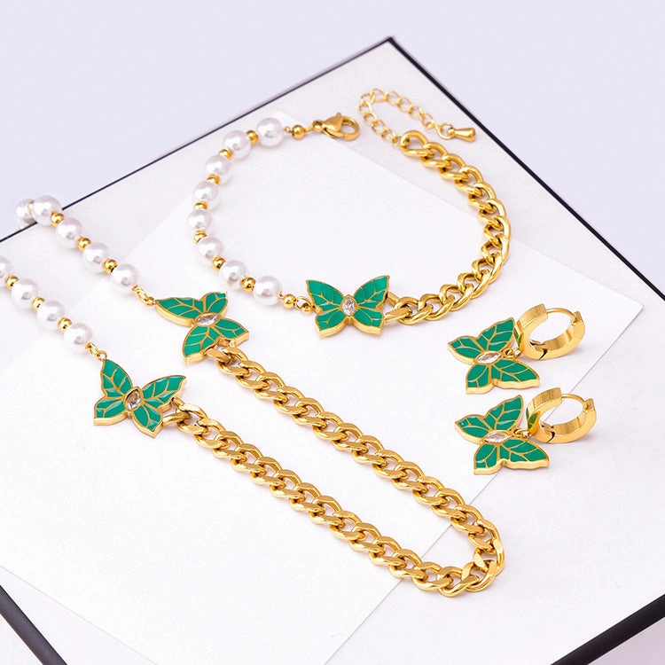 Wholesale Pearl Patterned Titanium Steel Diamond Inlaid Butterfly Necklace Set