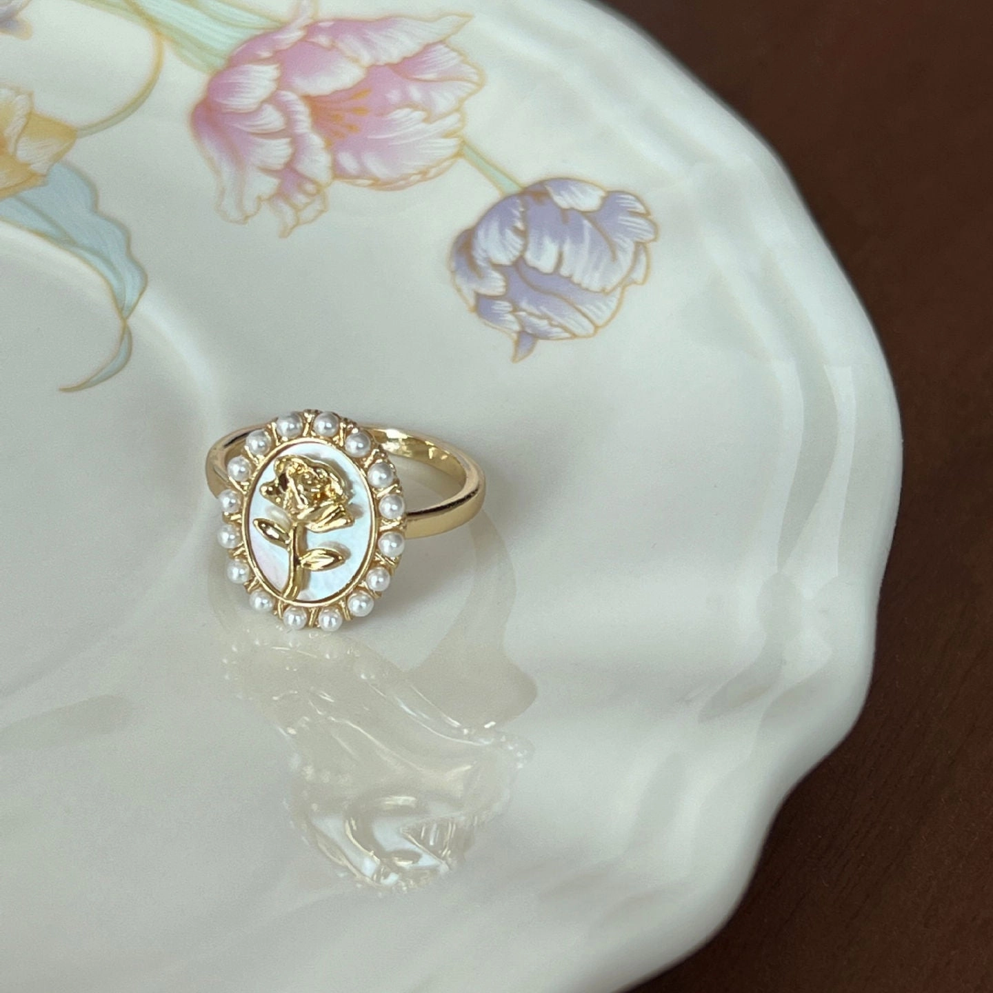 Wholesale Pearl Ring Adjustable Mother of Pearl Vintage Copper Ring