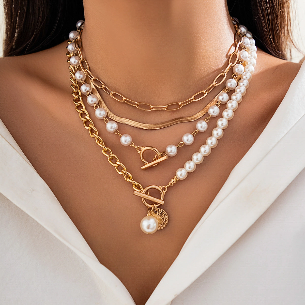 Wholesale Pearl Tassel Layered Alloy Necklaces