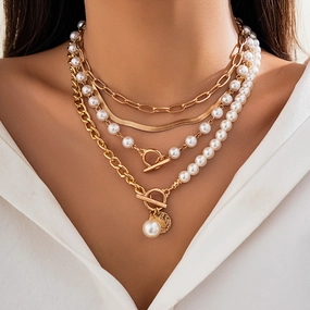 Wholesale Pearl Tassel Layered Alloy Necklaces