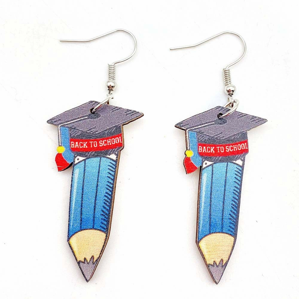 Wholesale Pencil Book Print Wooden Earrings