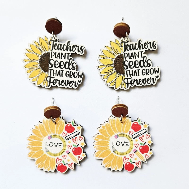 Wholesale Pencil Sunflower Apple Ruler Wooden Earrings