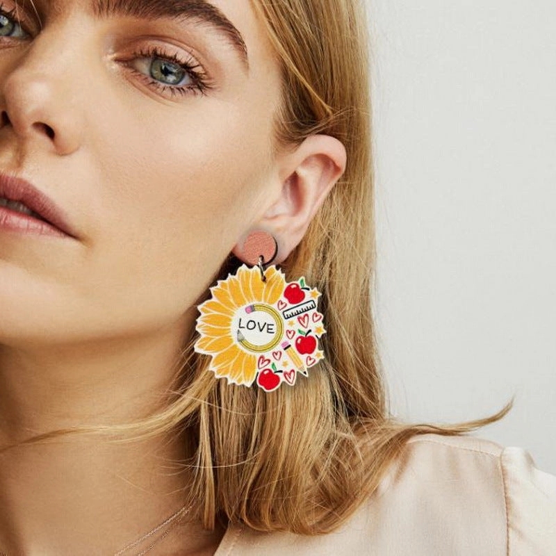 Wholesale Pencil Sunflower Apple Ruler Wooden Earrings
