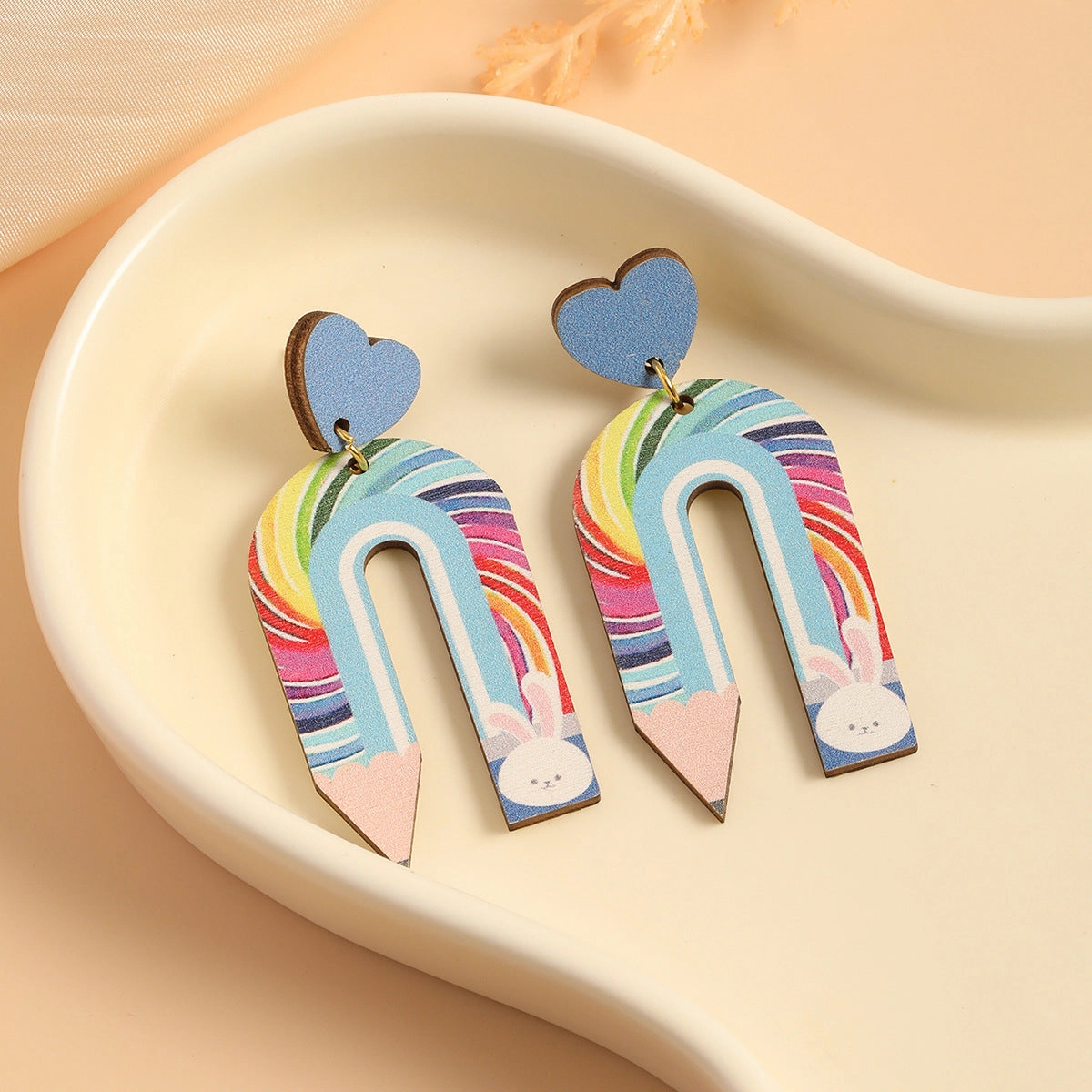 Wholesale Pencil U Shape Rainbow Wooden Earrings