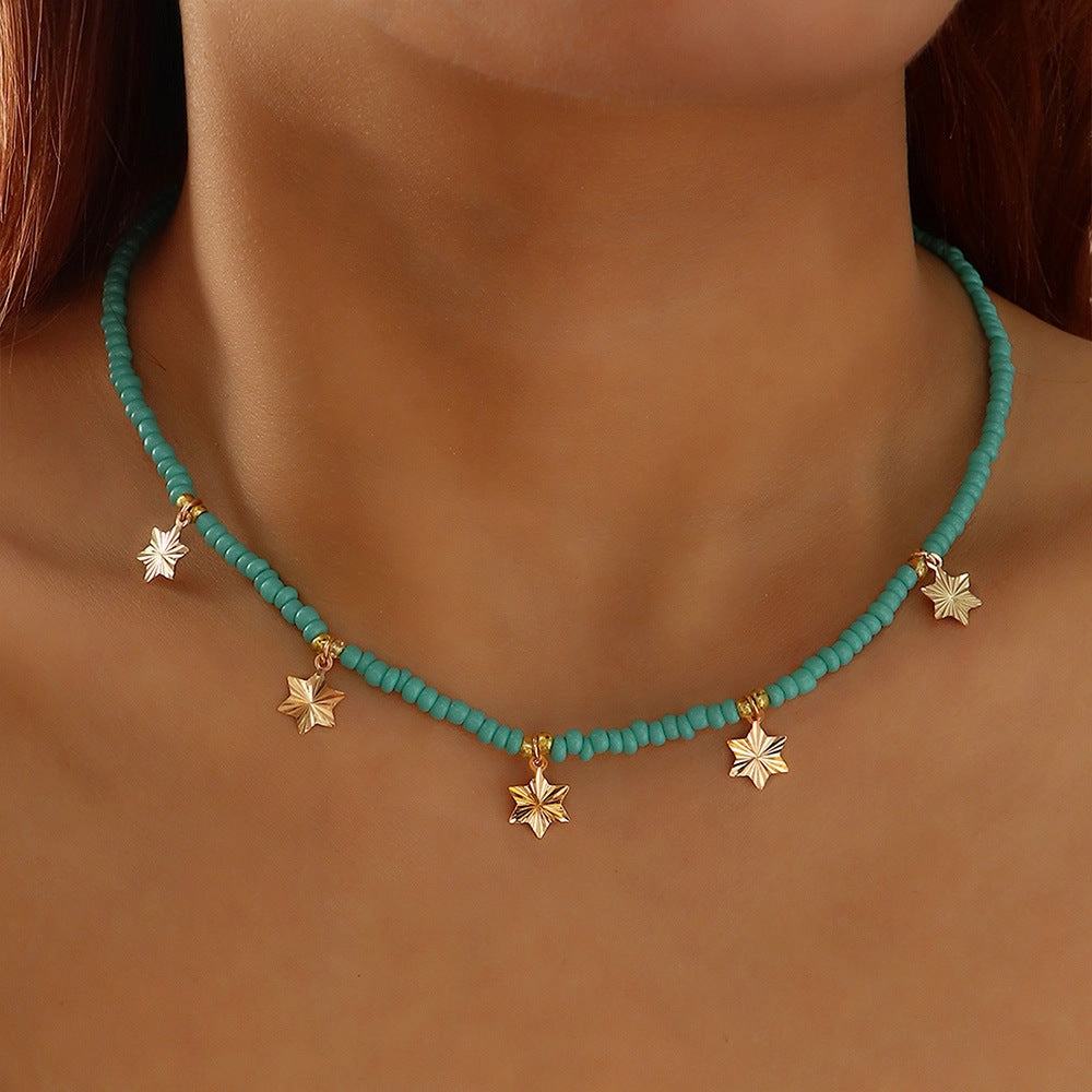 Wholesale Pentagram Moon Rice Beads Alloy Necklace