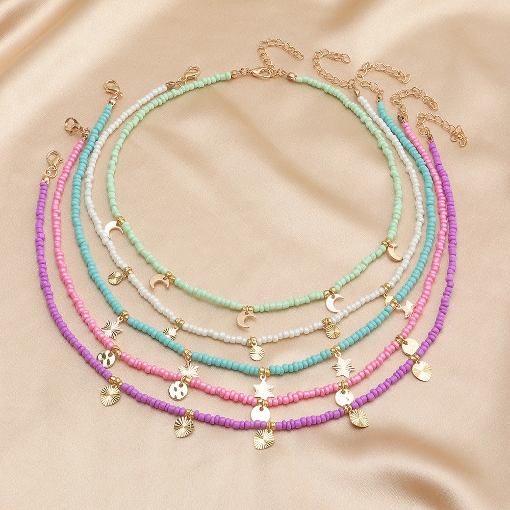 Wholesale Pentagram Moon Rice Beads Alloy Necklace