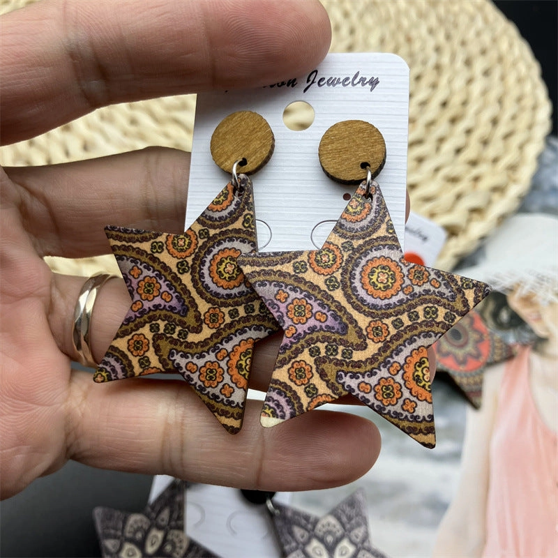 Wholesale Pentagram Vintage Painted Wood Earrings