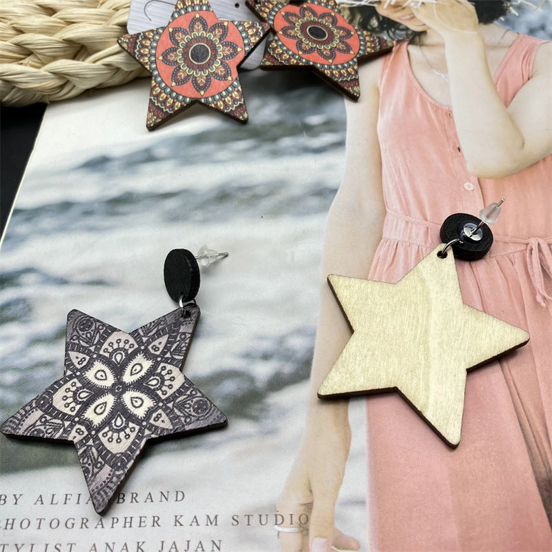 Wholesale Pentagram Vintage Painted Wood Earrings