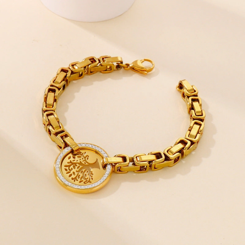 Wholesale Personalized Exaggerated Monolithic Chain Titanium Steel Full Diamond Hollow Tree of Life Christmas Bracelet
