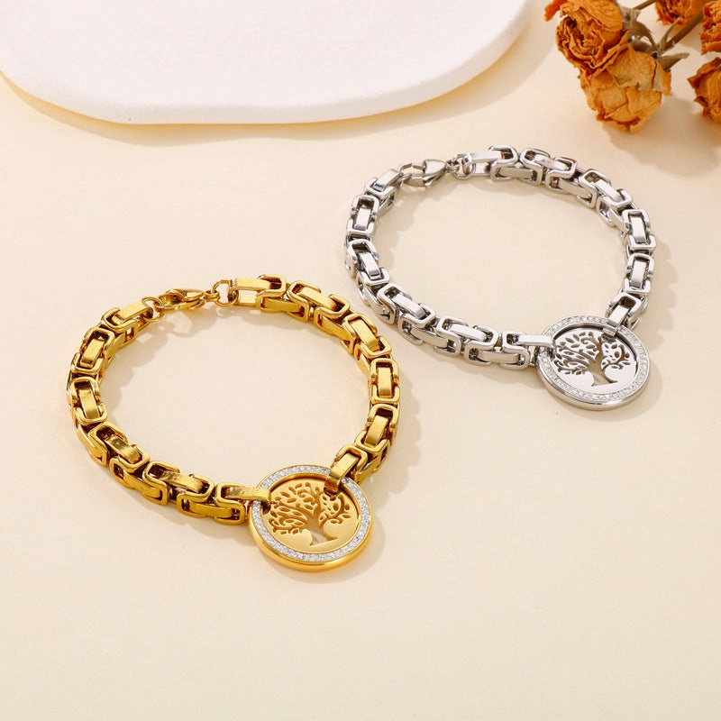 Wholesale Personalized Exaggerated Monolithic Chain Titanium Steel Full Diamond Hollow Tree of Life Christmas Bracelet