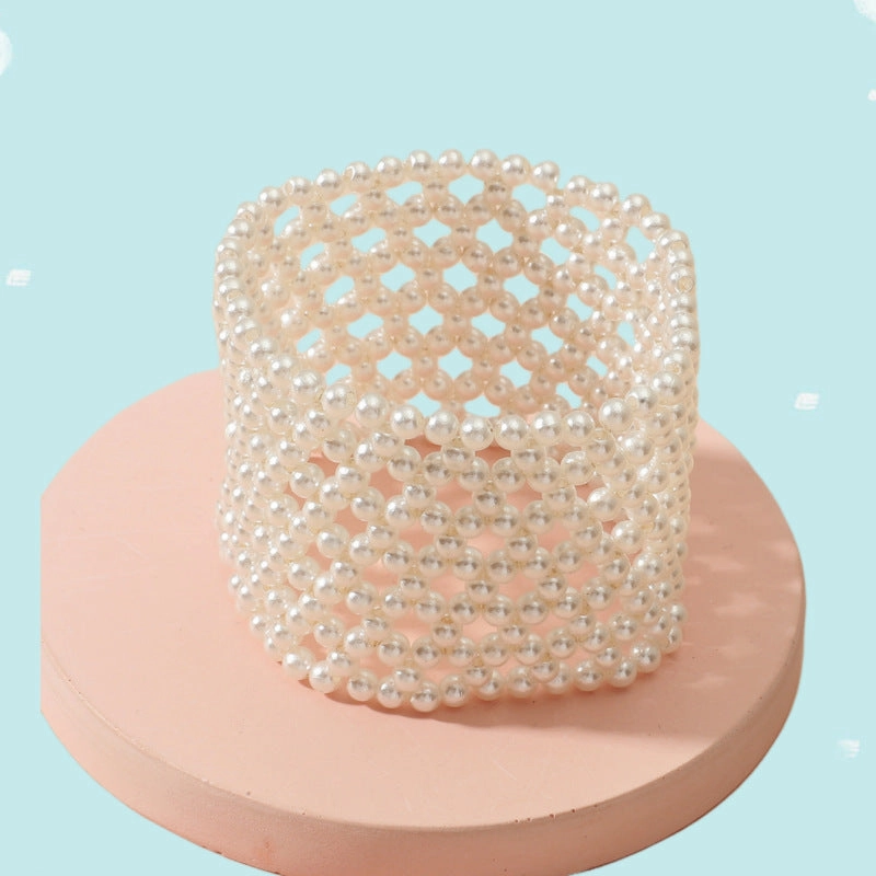 Wholesale Personalized Hollow Out Elastic Pearl Imitation Hand Woven Bracelets