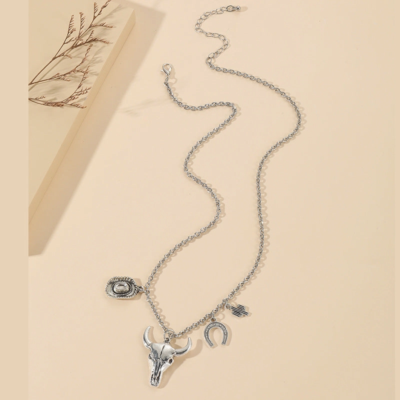 Wholesale Personalized Retro Hat Bull Head Cactus Pendant Alloy Necklace