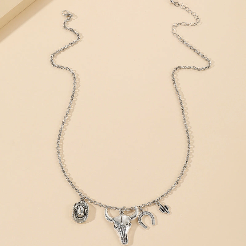 Wholesale Personalized Retro Hat Bull Head Cactus Pendant Alloy Necklace
