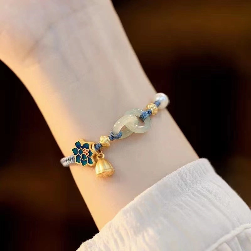Wholesale Ping An Buckle Imitation Hetian Jade Crystal Beaded Flower Bracelet