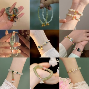 Wholesale Ping An Buckle Imitation Hetian Jade Crystal Beaded Flower Bracelet