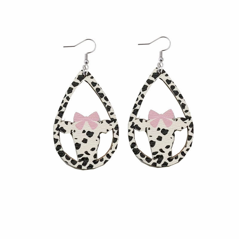 Wholesale Pink Bow Cow Droplets Wooden Hollow Earrings