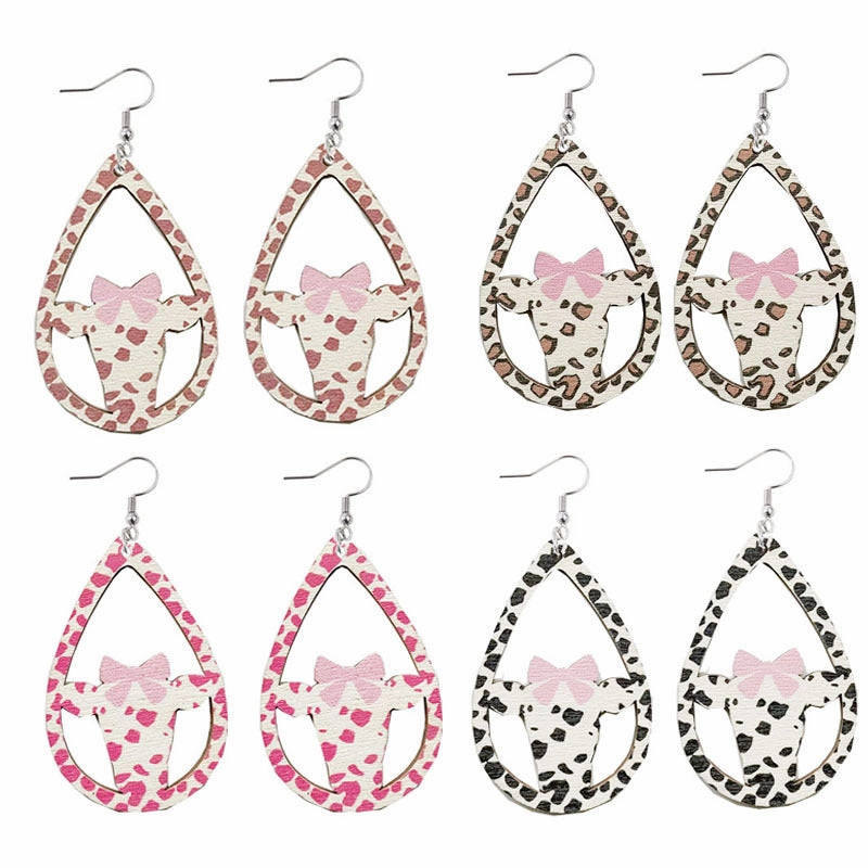 Wholesale Pink Bow Cow Droplets Wooden Hollow Earrings