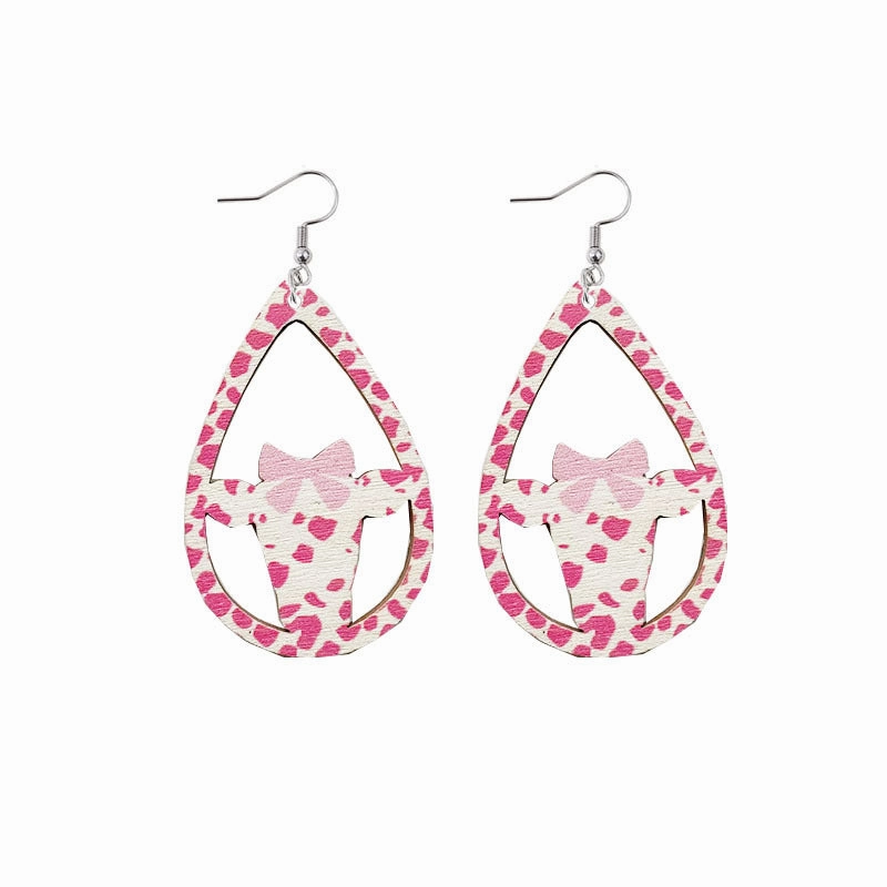 Wholesale Pink Bow Cow Droplets Wooden Hollow Earrings