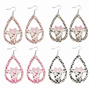 Wholesale Pink Bow Cow Droplets Wooden Hollow Earrings