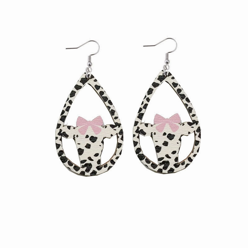 Wholesale Pink Bow Cow Droplets Wooden Hollow Earrings