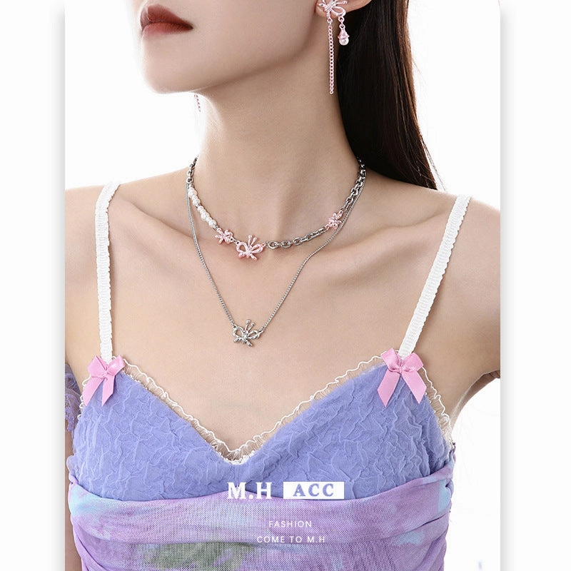 Wholesale Pink Butterfly Stacked Pearl Fashion High-end Necklace