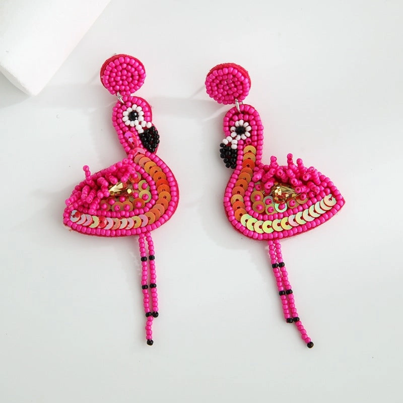 Wholesale Pink Flamingo Fabric Art Rice Beads Handmade Tassel Earrings