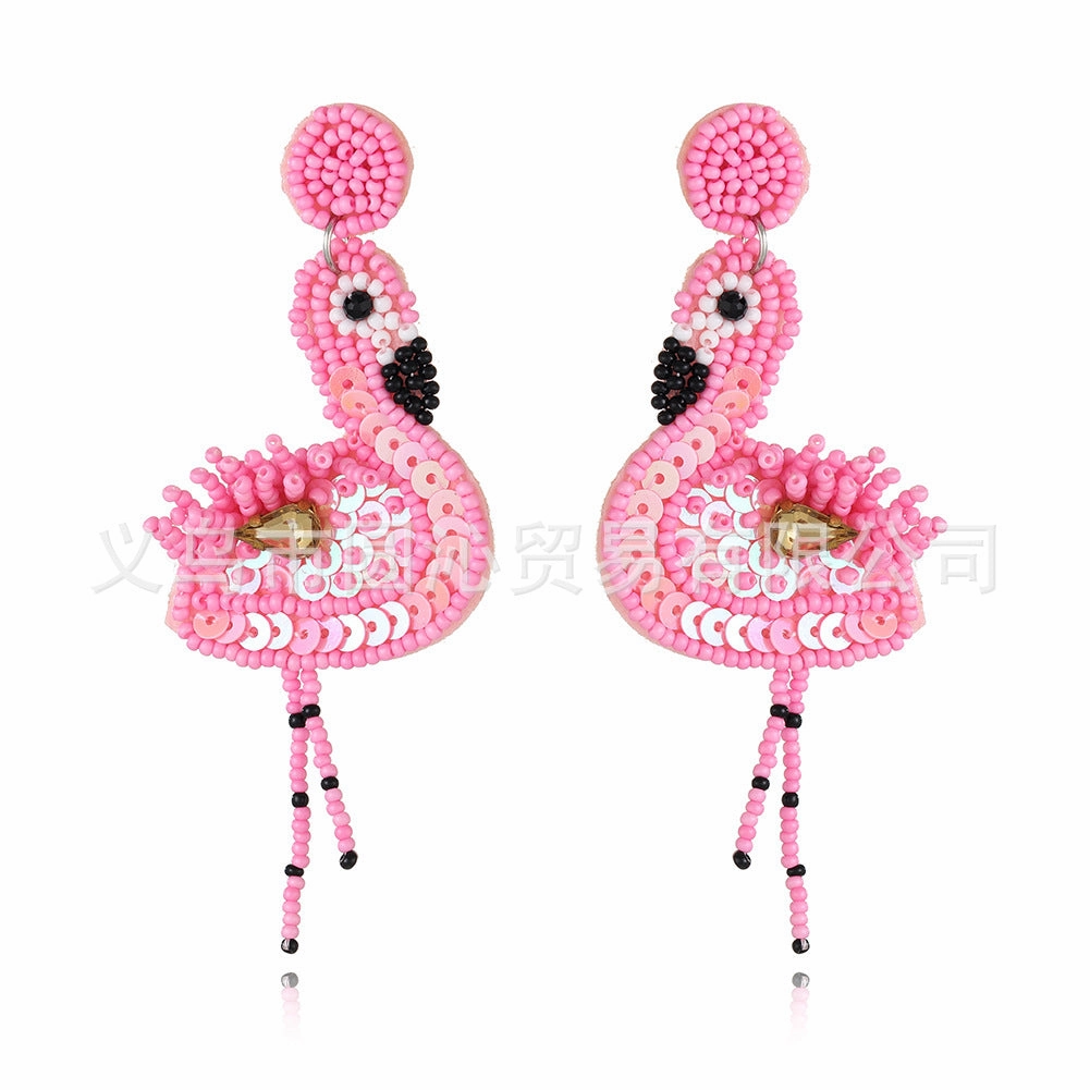 Wholesale Pink Flamingo Fabric Art Rice Beads Handmade Tassel Earrings