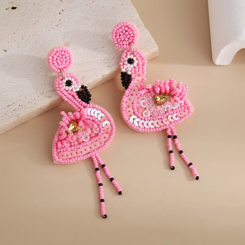 Wholesale Pink Flamingo Fabric Art Rice Beads Handmade Tassel Earrings