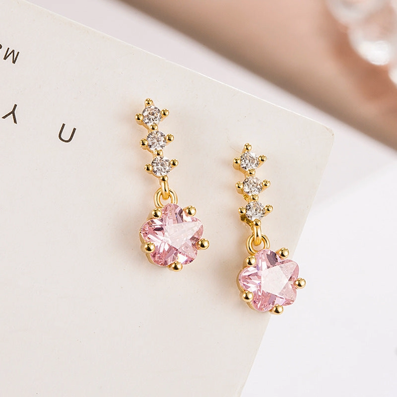 Wholesale Pink Flower Zircon Copper Earrings