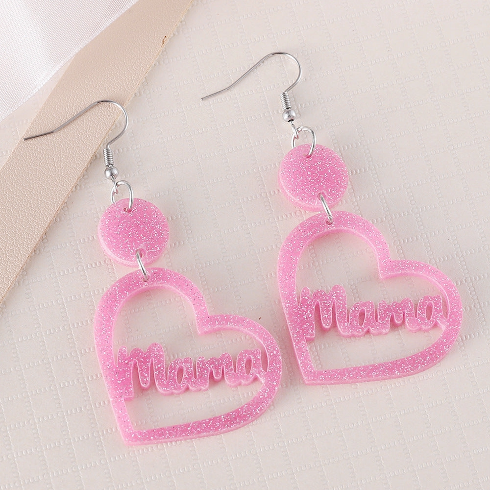 Wholesale Pink MAMA hollow heart disc double-sided earrings
