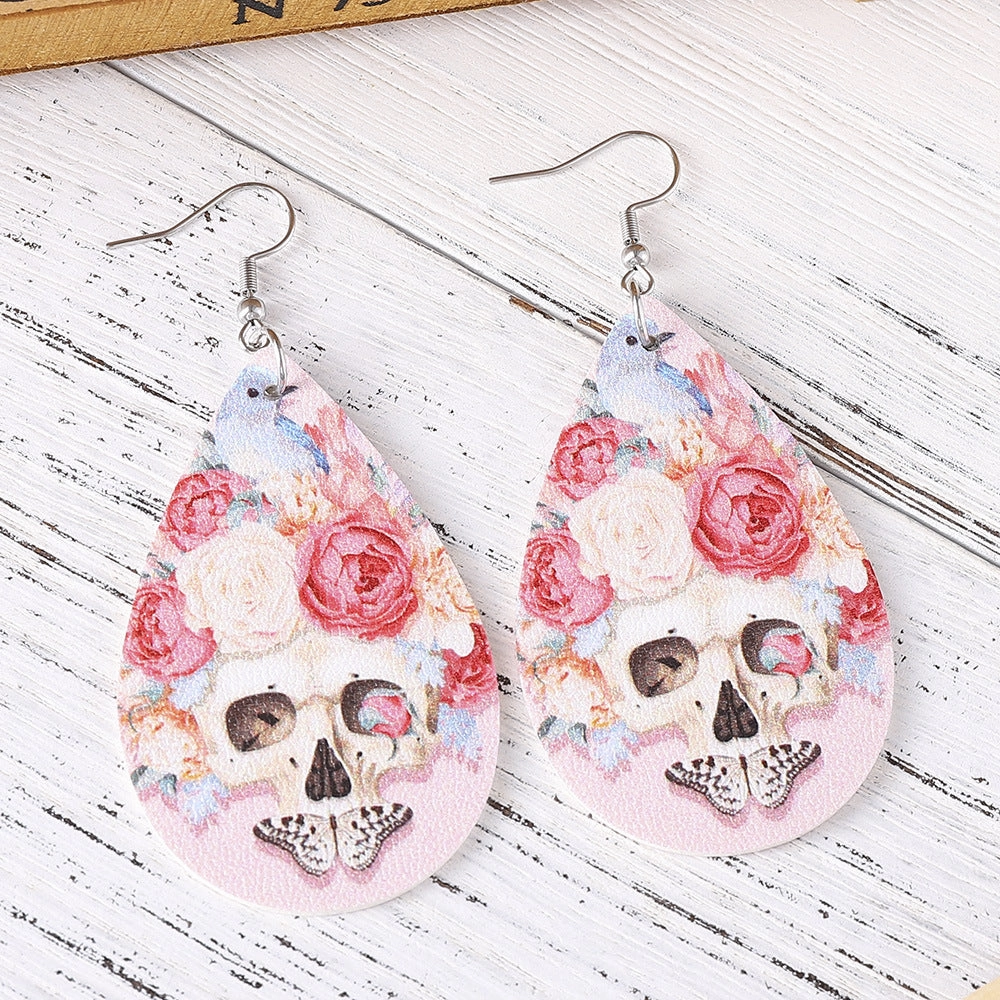Wholesale Pink Rose Flower Butterfly Skull Earrings Double Sided PU Leather Water Drop Earrings